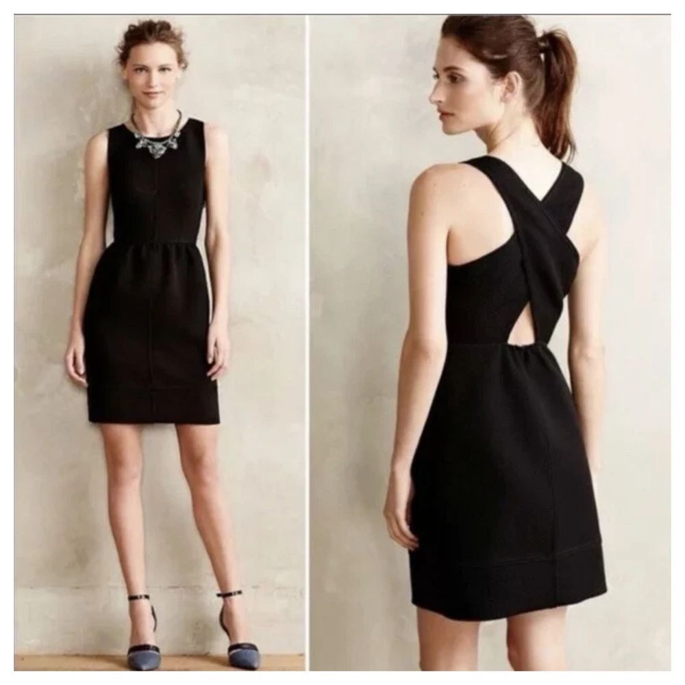 Anthropologie Maeve Rokin Criss Cross Black Textured Sleeveless Dress Size 6